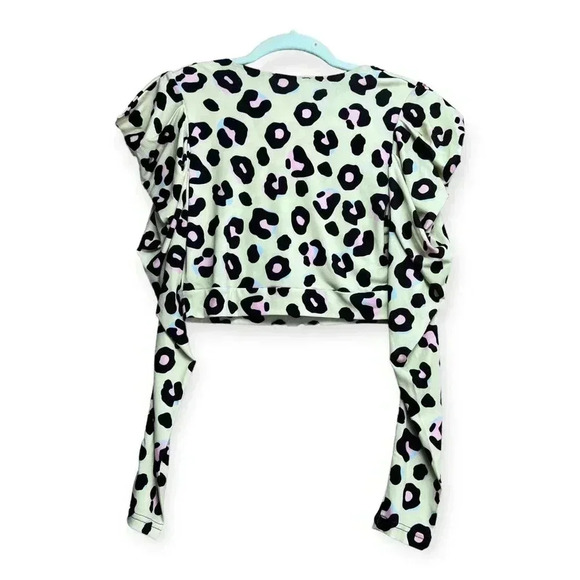 Venus Womens Lime Green Cheetah Puff Sleeve Crop Blouse Xs Faux Wrap Stretch - Picture 2 of 7